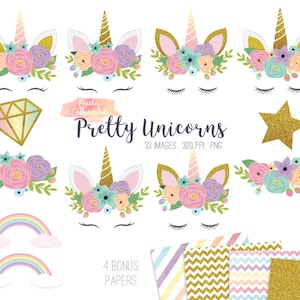 BUY 4 GET 50% OFF 33 pretty unicorn clipart - cute unicorn clip art - rainbow unicorn party clipart - unicorn png - Commercial Use ok