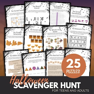 May include: A collection of Halloween-themed activity sheets featuring various puzzles like The Cursed Sudoku, The Graveyard Crossword, and The Alchemist's Grid. Each page has a black border with spider and bat illustrations. A circular orange badge reads 25 PUZZLES!