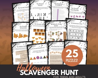 May include: A collection of Halloween-themed activity sheets featuring various puzzles like The Cursed Sudoku, The Graveyard Crossword, and The Alchemist's Grid. Each page has a black border with spider and bat illustrations. A circular orange badge reads 25 PUZZLES!