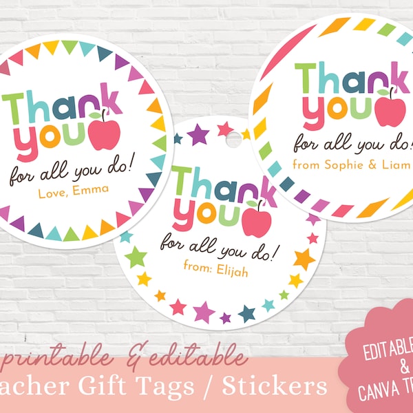 BUY 4 GET 50% OFF Printable Editable Teacher Appreciation Gift Tag Round Thank you teacher sticker Teacher Appreciation Sticker Round Tag