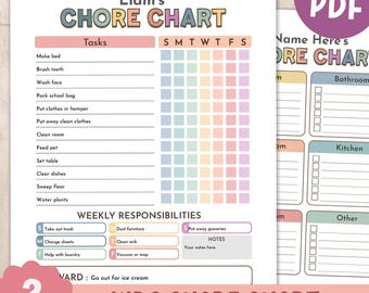 May include: A printable kids' chore chart with a pastel rainbow color scheme. The chart includes sections for daily tasks, weekly responsibilities, and a reward section. The text on the chart reads "Liam's Chore Chart" and "Kids Chore Chart".