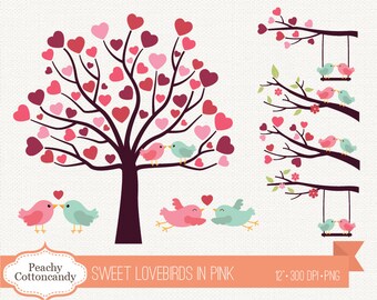 BUY 4 GET 50% OFF Sweet Lovebirds clipart in pink blue - Love birds clip art - Love bird on branch & tree wedding clipart, Commercial Use Ok