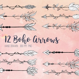 May include: Twelve hand-drawn boho arrows in black and white with various designs, including feathers, leaves, and geometric patterns. The arrows are on a pink watercolor background with the text "12 Boho Arrows" and "HAND DRAWN 300 PPI PNG".