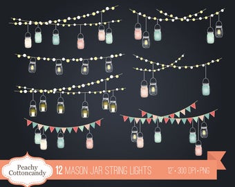 BUY 4 GET 50% OFF Mason Jar String Lights Clip Art - mason jars string light clip art - night wedding invitation clipart - Commercial Use Ok