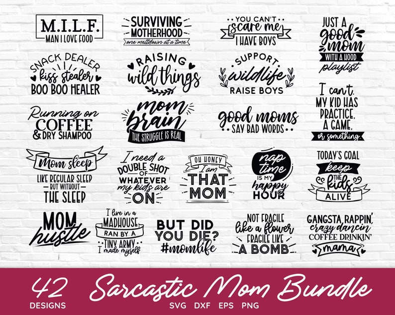 Pode incluir: Uma cole&ccedil;&atilde;o de 42 designs SVG de m&atilde;e sarc&aacute;stica em preto e branco. Os designs apresentam ditos humor&iacute;sticos sobre a maternidade, como "C&eacute;rebro de m&atilde;e", "Preciso de um duplo shot do que meus filhos est&atilde;o tomando", e "S&oacute; uma boa m&atilde;e com uma boa playlist".
