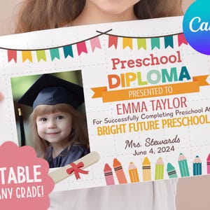 KAUFEN Sie 4 und erhalten Sie 50% Rabatt Bearbeitbares Vorschulzertifikat mit Fotodruckbarem Kindergartenzertifikat Vorschuldiplomzertifikat Canva-Vorlage
