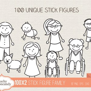 Op de afbeelding: Een set van 100 unieke stick figure familie illustraties in zwart-wit. De illustraties omvatten een verscheidenheid aan familieleden, waaronder ouders, kinderen, grootouders en een huisdierhond. De illustraties zijn perfect voor het maken van aangepaste familieportretten, wenskaarten of scrapbooking projecten.