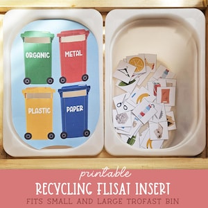 May include: A printable recycling insert for a Trofast bin. The insert features illustrations of recycling bins labeled for organic, metal, plastic, and paper. The second bin contains small cards with recycling items. The text at the bottom reads "recycling flisat insert".