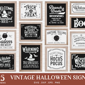 Könnte beinhalten: Fünfundzwanzig Vintage-Halloween-Schilder in Schwarzweiß mit verschiedenen gruseligen und skurrilen Designs. Die Schilder zeigen Texte wie "Willkommen in unserem Spukhaus", "Süßes oder Saures", "Salem Brauerei", "Hexenbrau", "Warnung Hexenbesitz", "Zweig & Borsten Besenwerk", "Wahrsagen", "Es ist nur ein Haufen Hokuspokus", "Etwas Böses kommt diesen Weg", und "Buh".