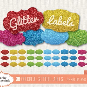COMPRE 4 GANHE 50% DE DESCONTO 36 etiquetas digitais coloridas com glitter - Etiquetas brilhantes Clip art - Etiqueta de enfeite com glitter Clipart - Uso comercial Ok