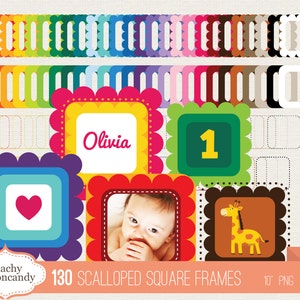 130 Scalloped Square Frames Clip Art: Digital Clipart (PNG)