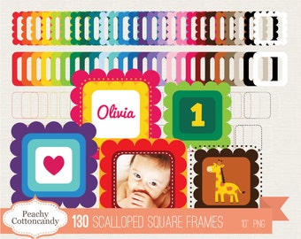 BUY 4 GET 50% OFF 130 Scalloped square Frames Clip Art - Scalloped square Labels digital clipart - Personal and Commercial Use