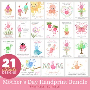 Op de afbeelding: Een verzameling van 21 bewerkbare Moederdag handafdruk ontwerpen. De ontwerpen omvatten handafdruk kunst van een cupcake, ijs, zon, octopus, hart, bloemen, tulpen, aardbeien, een vlinder, een schildpad, een lieveheersbeestje, een walvis, een raket, een boom en een vogel.