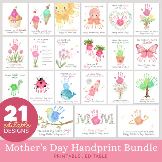Mother’s Day Handprint Bundle – 21 Printable Kids Craft | DIY Gift for Mom & Grandma | Editable Canva Template