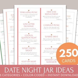 250 Date Night Idee Jar Strips | Afdrukbaar jubileumcadeau Valentijnsdag voor koppels | Romantische date-nightgames, direct downloaden
