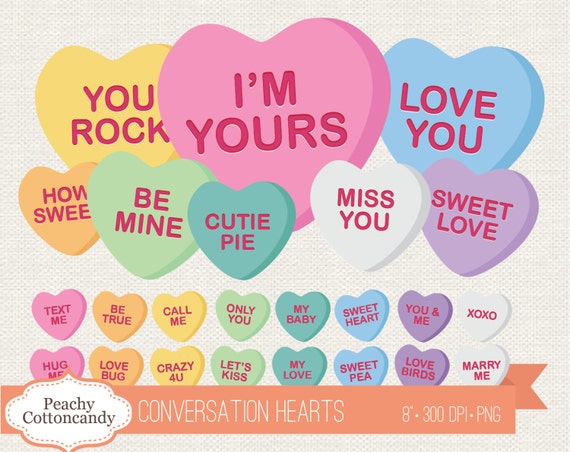 CONVERSATION HEARTS clipart, candy hearts, commercial use, valentine's  clipart, heart candies, valentines, cute hearts, DIY candy heart