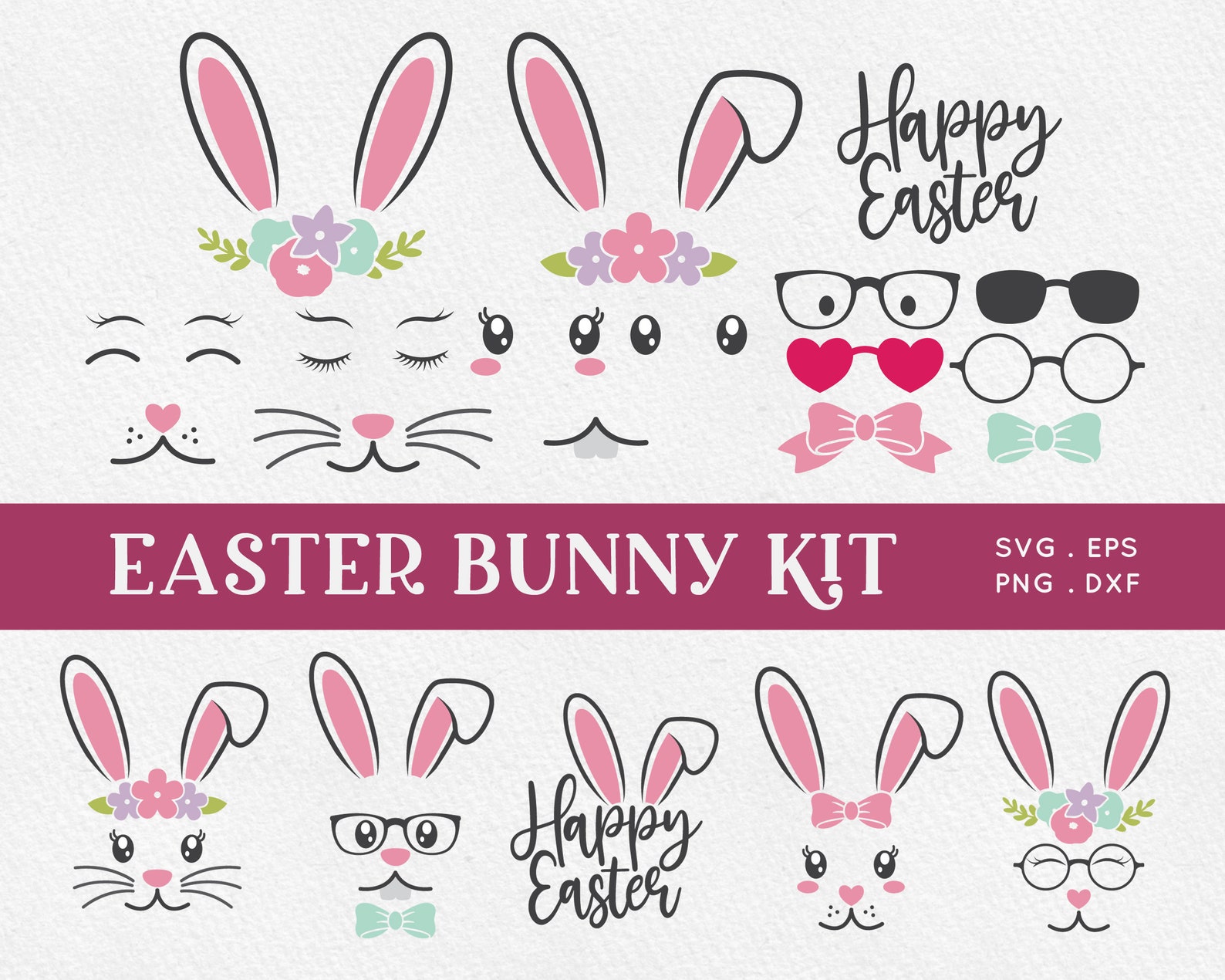 BUY 4 GET 50% OFF Easter Bunny Face Svg Png Eps - Bunny With Glasses ...