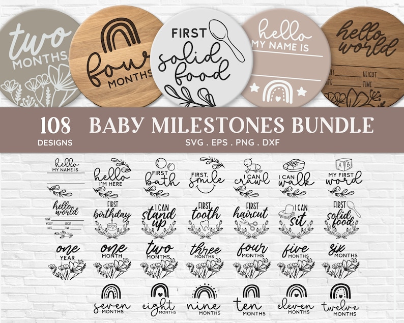May include: A set of 108 baby milestone designs in black and white. The designs feature various milestones such as first bath, first smile, first tooth, first haircut, first word, first birthday, and more. The designs are perfect for creating personalized baby milestone cards, signs, or decorations.