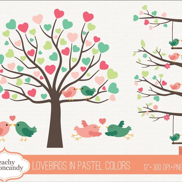 BUY 4 GET 50% OFF Lovebirds Clipart in Pastel Colors - Love birds clip art - Love bird on branch & tree wedding clipart, Commercial Use ok