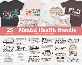 Könnte beinhalten: Eine Sammlung von 25 digitalen Designs mit bunten und motivierenden Zitaten zum Thema psychische Gesundheit. Die Designs beinhalten Sätze wie "Mentale Gesundheit zählt", "Sei freundlich zu deinem Geist" und "Support Squad".