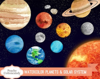 Akvarell planet clipart: Solsystemet PNG-grafik (digital nedladdning)