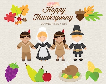 May include: Thanksgiving-themed digital art featuring four cartoon figures holding hands, including a Native American, a Pilgrim, and a woman in a bonnet. The image also includes a roasted turkey, corn, grapes, pears, and an apple. Text reads "Happy Thanksgiving".