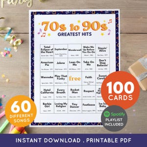 May include: A printable PDF featuring a list of 70s to 90s greatest hits, including 100 cards and 60 different songs. The design includes musical notes and a Spotify playlist. The text reads "Instant Download. Printable PDF."