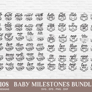 May include: A set of 108 black and white baby milestone graphics with floral wreaths. The graphics include phrases like "first bath", "first smile", "first tooth", "one month", "two months", and "one year".