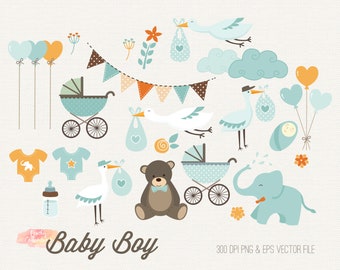 Baby Boy Clipart Set: Storks, Carriages, Elephants (Digital Download)