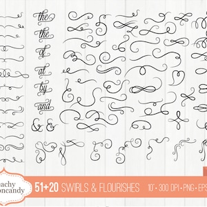 May include: A set of 51 black and white swirls and flourishes, ideal for adding a decorative touch to your designs. The set includes a variety of shapes and sizes, from simple curves to intricate designs. The flourishes are perfect for adding a touch of elegance to your projects.