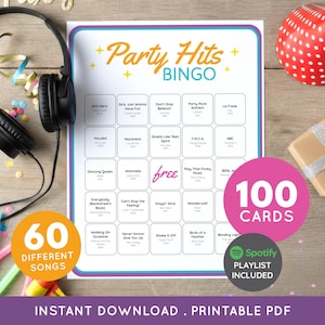 May include: A party bingo game with the text "Party Hits Bingo" and song titles. Includes 60 different songs and 100 cards. A Spotify playlist is included. The game is a printable PDF.