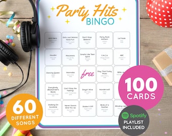 Party Hits Music Bingo Game | 100 Unique Cards | 60 Songs with Spotify Playlist | Printable Musical Bingo for Adults and Kids