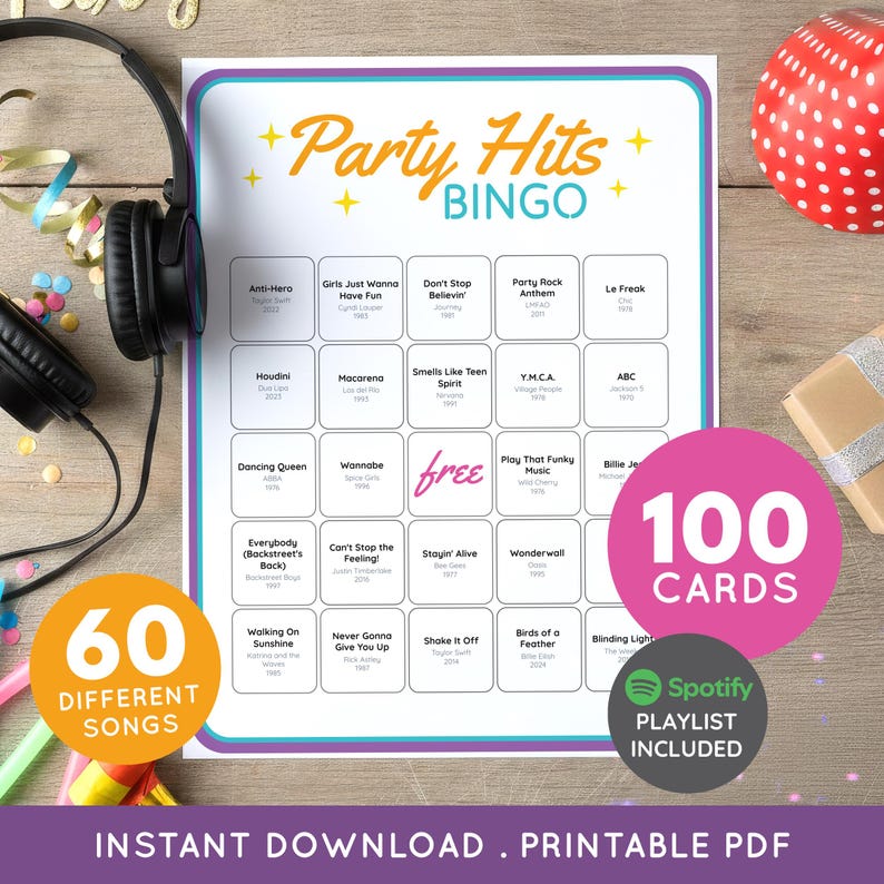 May include: A party game set with a bingo card featuring song titles like "Dancing Queen" and "Shake It Off." Includes 100 cards and a Spotify playlist. The game is advertised as an instant download printable PDF.