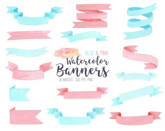 BUY 4 GET 50% OFF Watercolor Ribbon Banner Clip Art in Pink & Blue - pastel hand drawn watercolour ribbon banners clipart -Commercial Use Ok