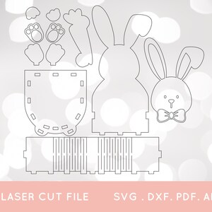 May include: A laser cut file for a bunny-shaped box. The file includes the bunny's body, head, ears, and feet. The box is designed to be assembled and used as a container for small items.