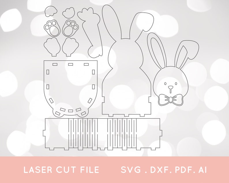 May include: A laser cut file for a bunny-shaped box. The file includes the bunny's body, head, ears, and feet. The box is designed to be assembled and used as a container for small items.