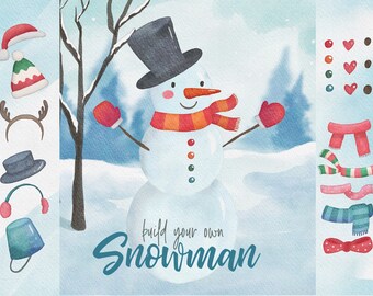 Imágenes prediseñadas de acuarela para crear tu propio muñeco de nieve: Ilustración navideña (Descarga digital)