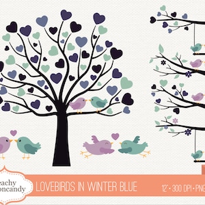 COMPRE 4 GANHE 50% OFF Clipart de pombinhos em azul marinho roxo - Clip art de pássaros do amor - clipart do dia dos namorados - clipart de casamento - Uso comercial ok