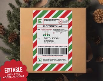 Editable Christmas Elf Shipping Label: North Pole Gift Tag (PDF)