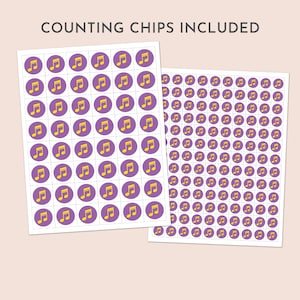 May include: Two sheets of counting chips with a musical theme. Each chip is a yellow musical note inside a purple circle. The text "COUNTING CHIPS INCLUDED" is at the top of the image.