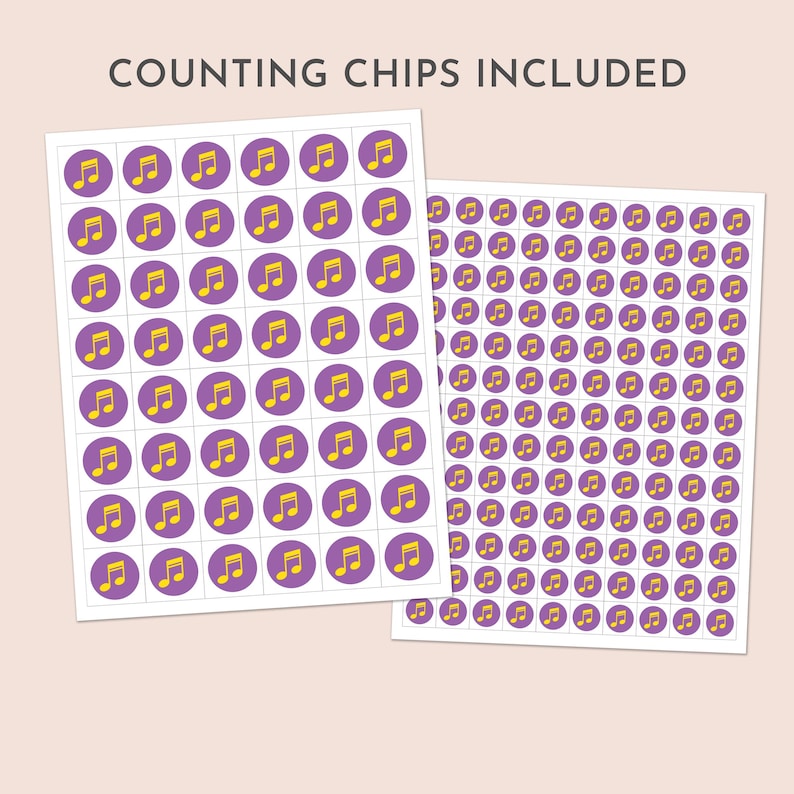 May include: Two sheets of counting chips with a musical theme. Each chip is a yellow musical note inside a purple circle. The text "COUNTING CHIPS INCLUDED" is at the top of the image.