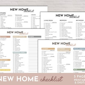 May include: Five printable and digital "New Home Checklist" pages. Each page lists items for different rooms, with checkboxes for essentials and optional items. The pages are white with black text and a beige header.