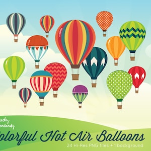 Colorful Hot Air Balloon Clipart: 24 PNG Files + Background (Digital Download)
