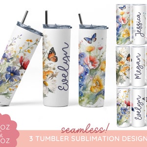 COMPRE 4 GANHE 50% DE DESCONTO 3 Aquarela flores silvestres Tumbler Wrap Sublimação Adicione seu próprio nome Personalizado Skinny Tumbler design de sublimação de flores silvestres