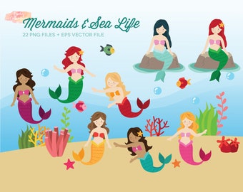 BUY 4 GET 50% OFF Sea Life & Mermaid Clipart - Little Mermaid Clip Art - Mermaids Clipart - Mermaid birthday party digital clip art