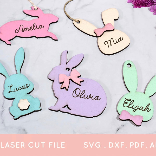 BUY 4 Get 50% OFF Bunny Shaped Easter Basket Name Tag svg Laser Cut Files for Glowforge DIY Personalized Easter Basket Tag Laser Files