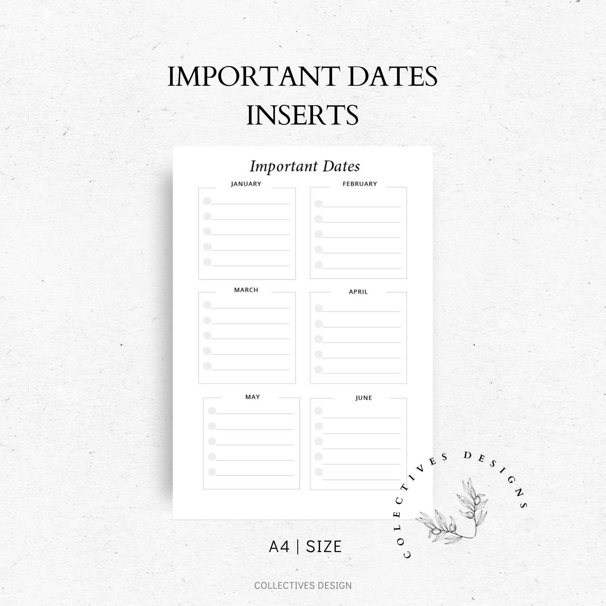 A4 Important dates inserts Printable Notes Dates Printable Etsy