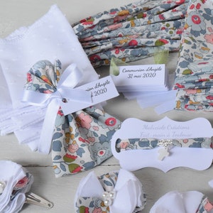 Ballotins dragées tissu blanc plumetis liberty of London betsy Sachet dragées baptême mariage communion baptême bébé fille Pochon baptême image 1