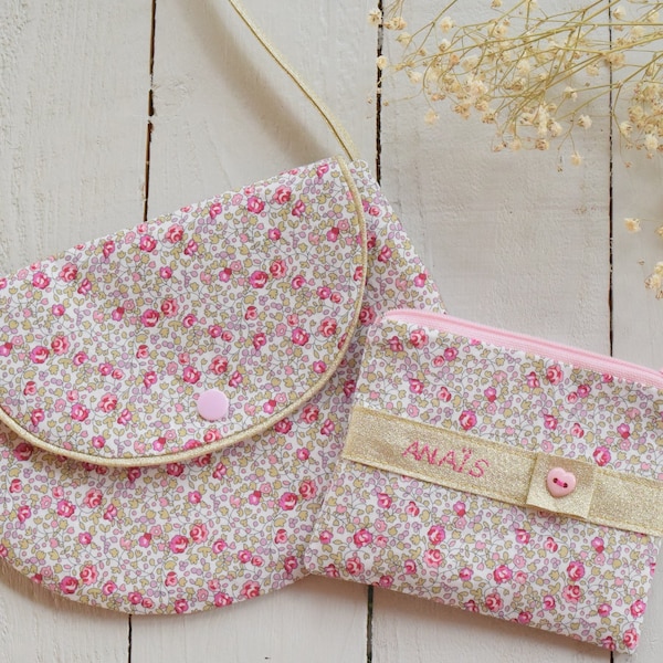girl handbag in liberty fabric Eloïse rose - wallet liberty first name embroidered - Christmas gift idea birthday godchild