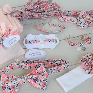 Accessori per la cerimonia del battesimo: scatoline di dolciumi, papillon, fascia per neonati, braccialetto con croce in madreperla in Liberty Wiltshire Sweet Pisello